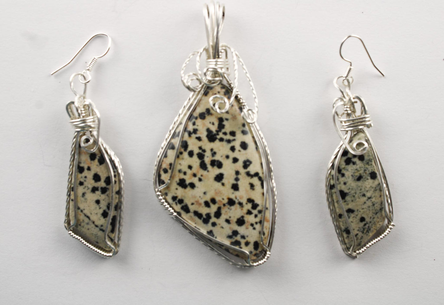 Silver Wire Wrapped Natural Stone Pendant and Earrings II