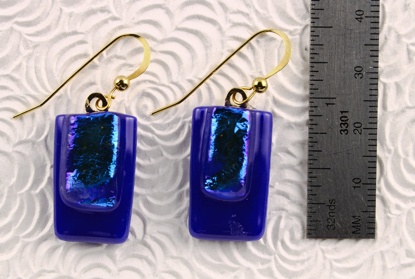 Blue rectangular fused dichroic glass earrings No 2