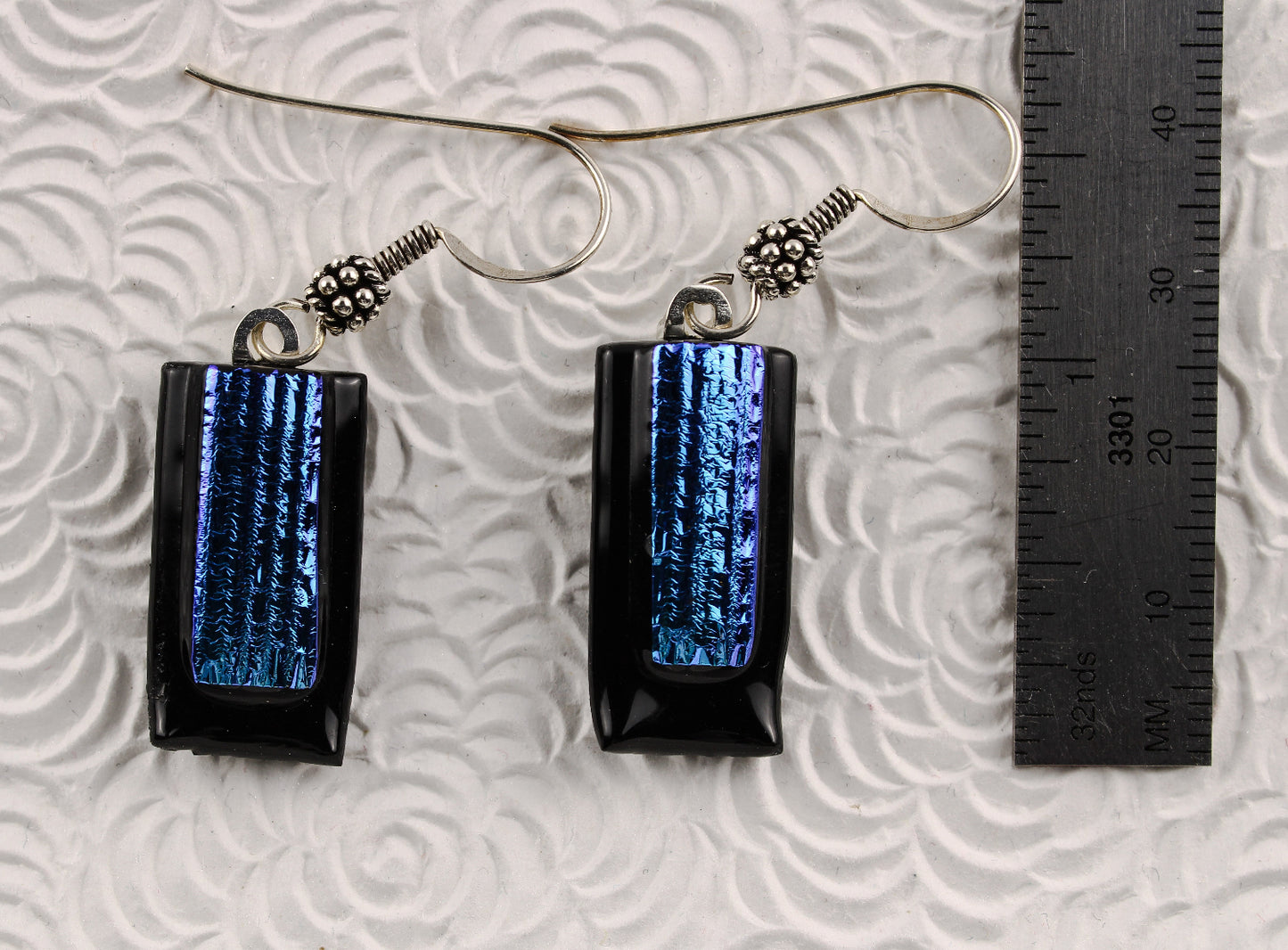 Blue rectangular fused dichroic glass earrings No 3