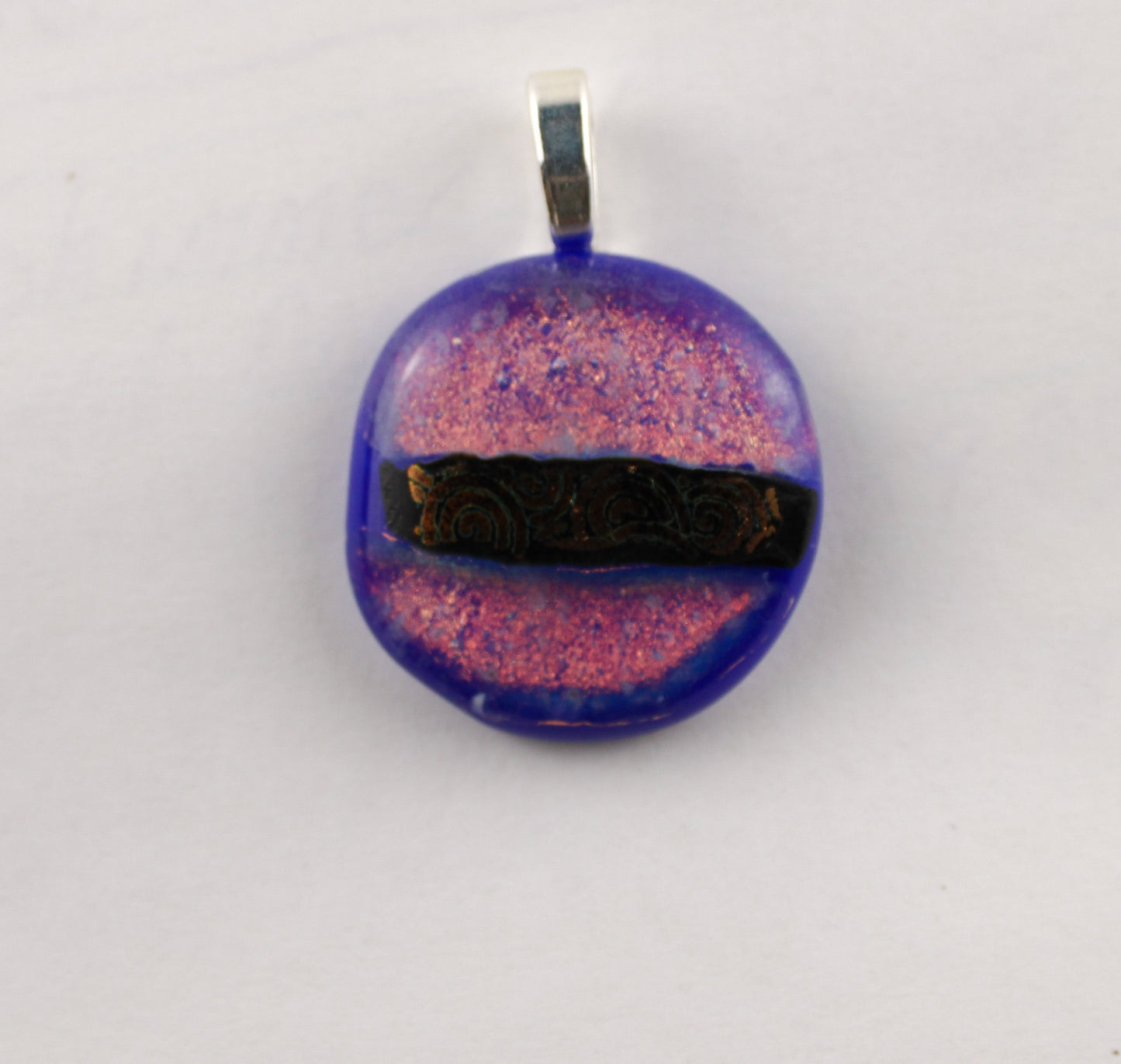Pink round fused dichroic glass pendant No. 1