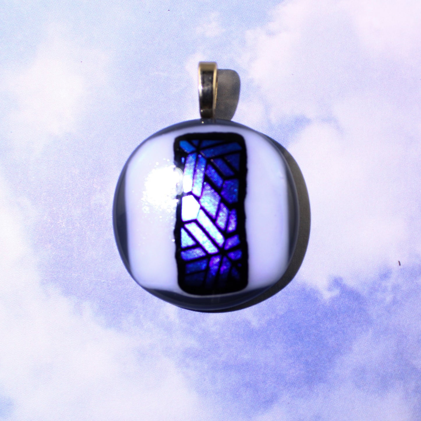 White and black round fused dichroic glass pendent No. 1