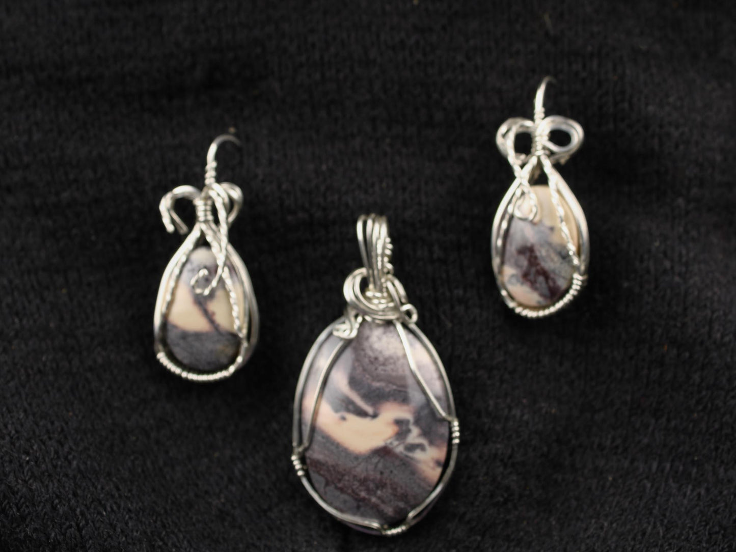 Silver Wire Wrapped Natural Stone Pendant and Earrings