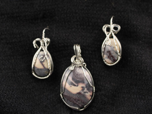 Silver Wire Wrapped Natural Stone Pendant and Earrings