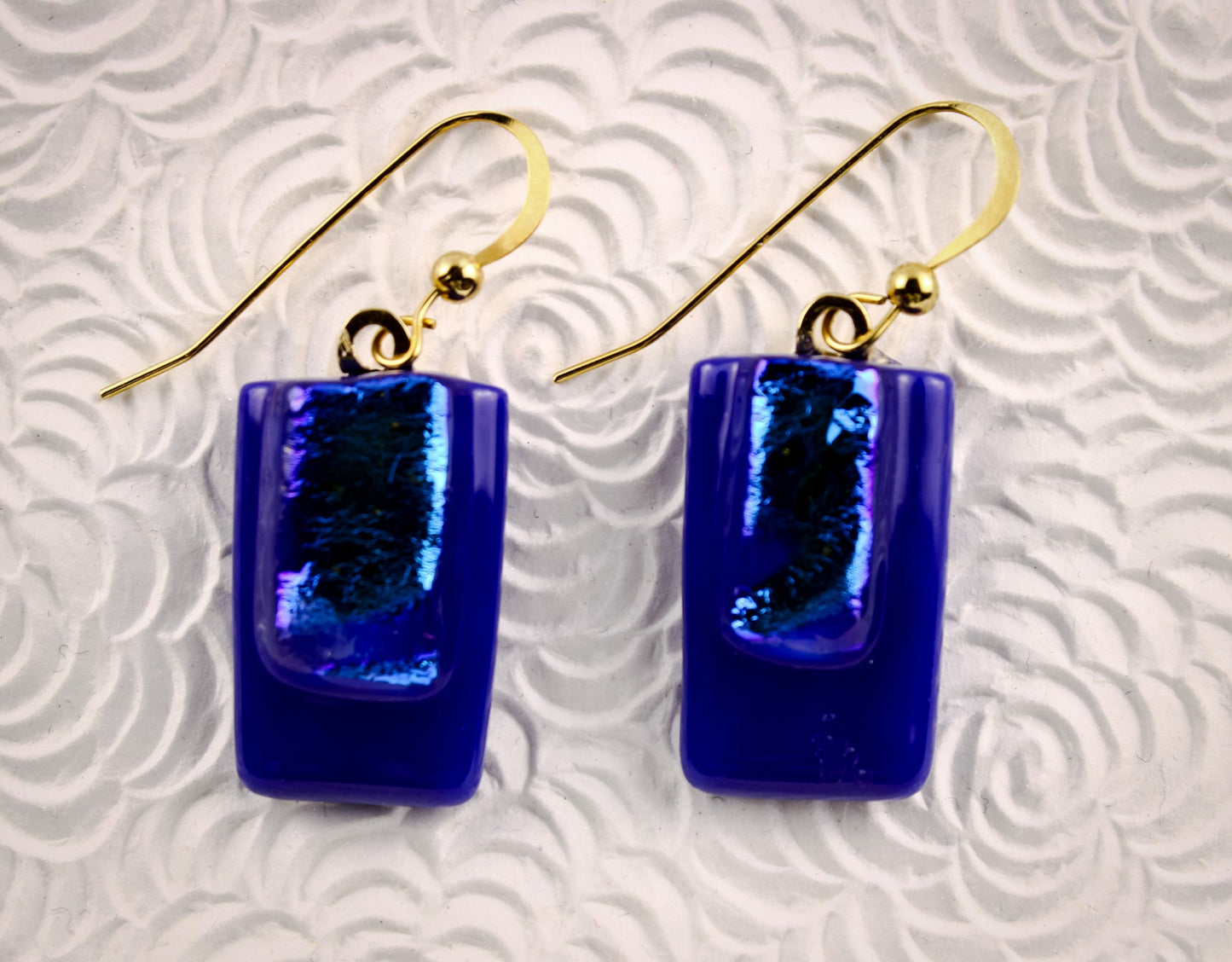 Blue  rectangle fused dichroic  earrings  No 1