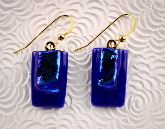 Blue  rectangle fused dichroic  earrings  No 1