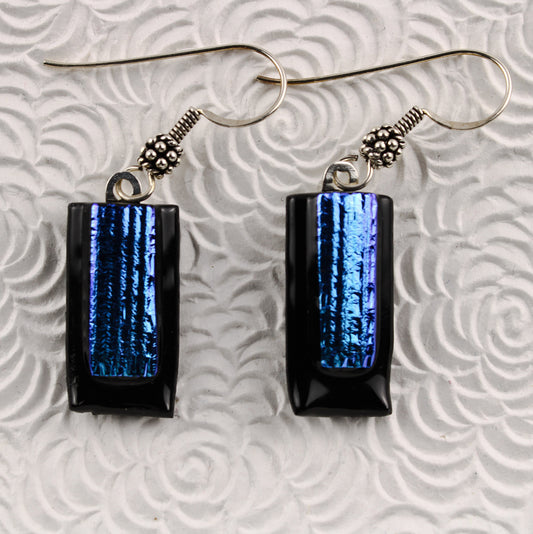 Blue rectangular fused dichroic glass earrings No 3