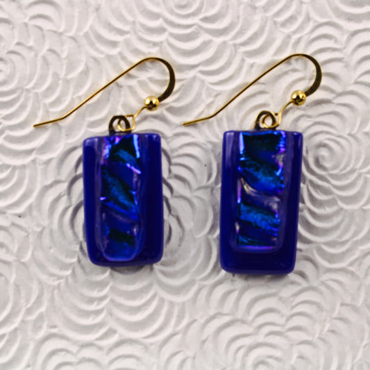 Blue rectangular fused dichroic glass earrings No 4