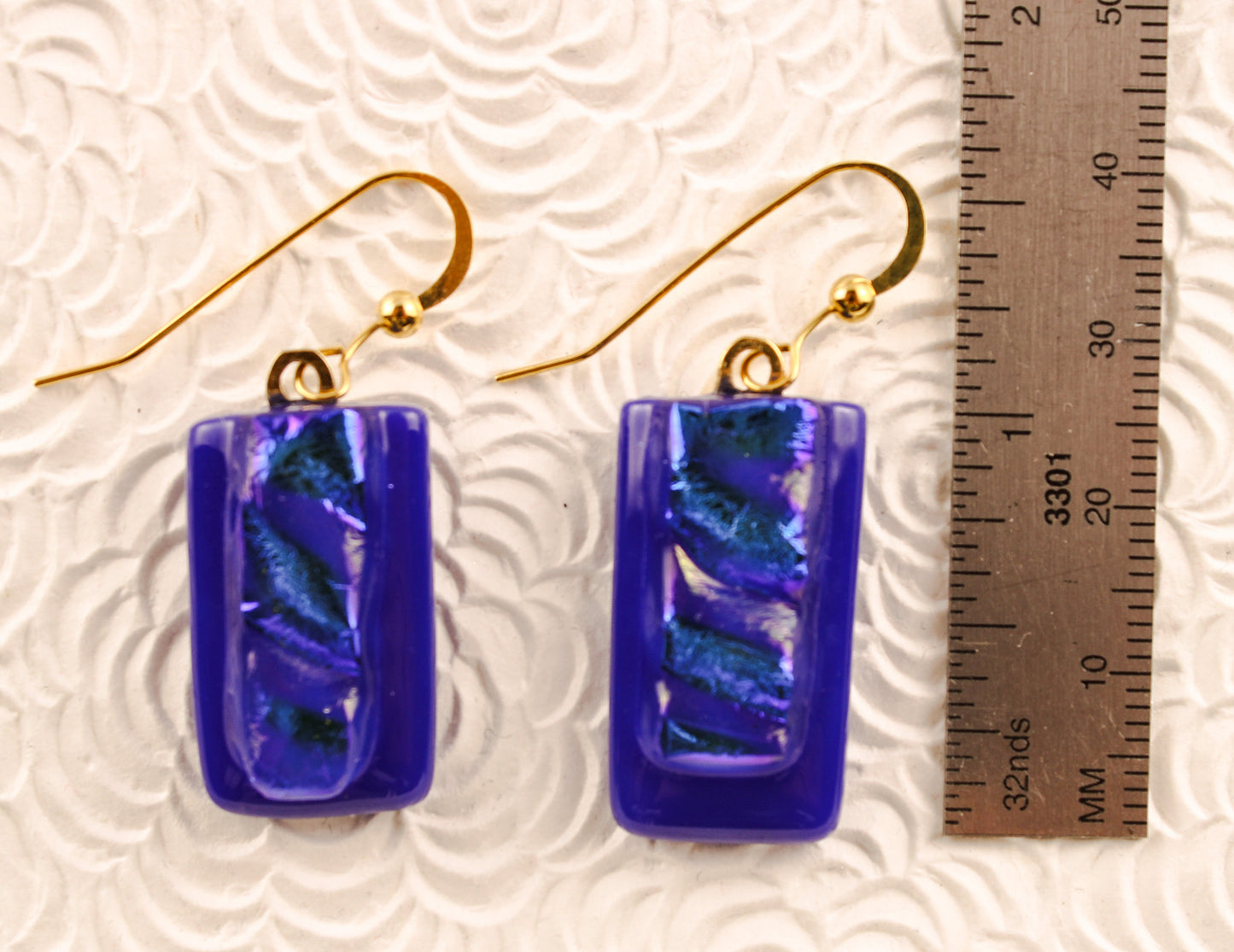 Blue rectangular fused dichroic glass earrings No 4