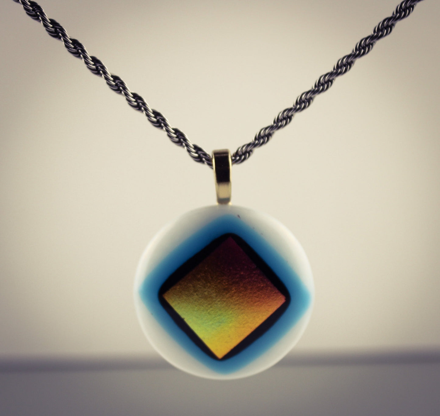 Round fused glass rectangle dichroic pendant