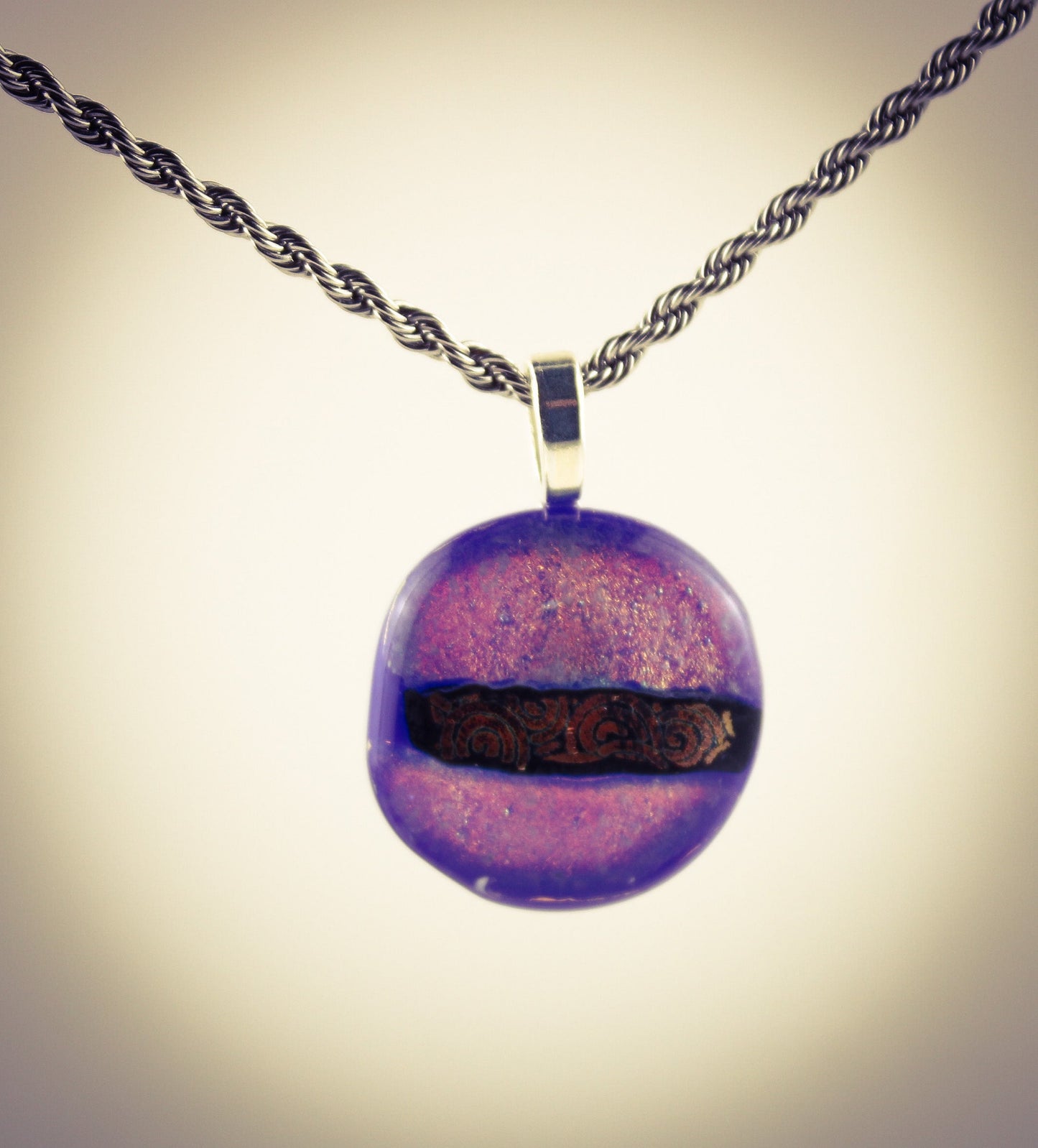 Pink round fused dichroic glass pendant No. 1