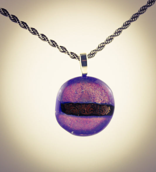 Pink round fused dichroic glass pendant No. 1